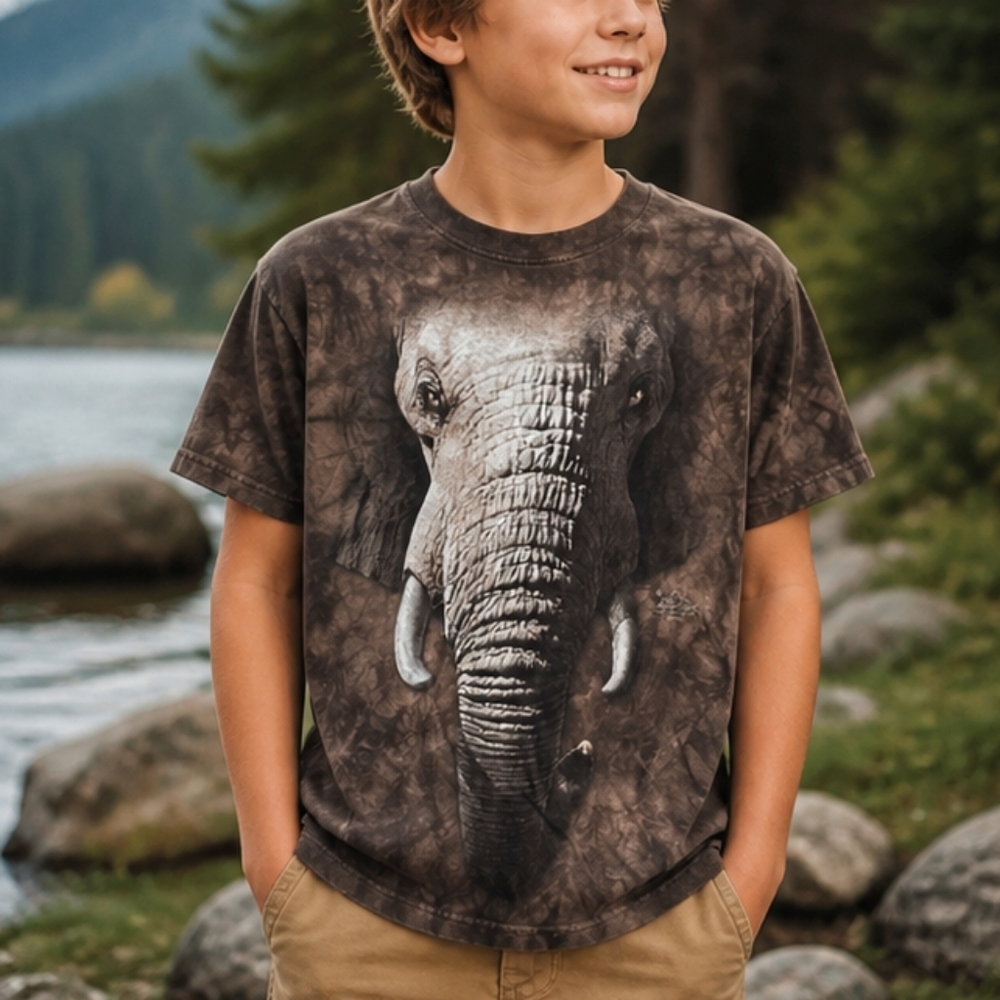 The Mountain Elephant Graphic Tee Size L Kids Brown Tie Dye Wildlife Shirt